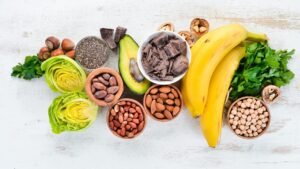 a colorful assortment of foods high in magnesium on a kitchen table